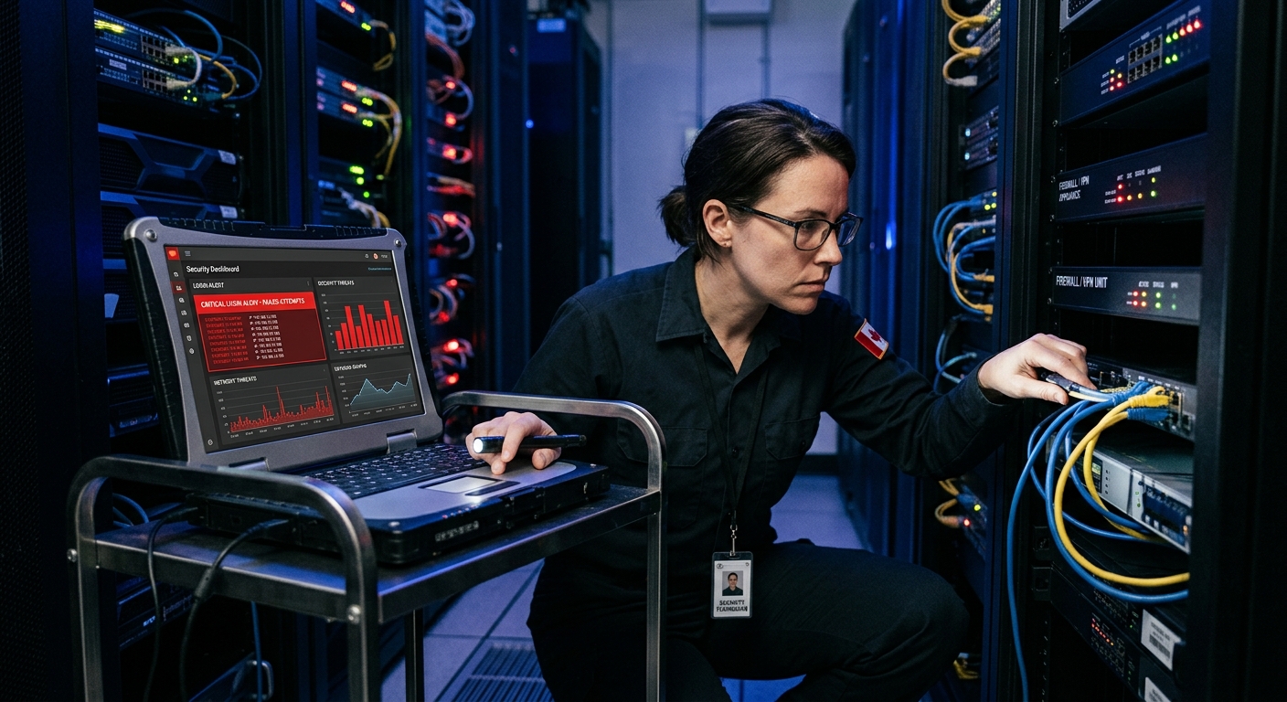 Canadian IT security technician inspecting a VPN firewall appliance in a server room while a laptop displays login alert warnings from a suspected credential stuffing attack
