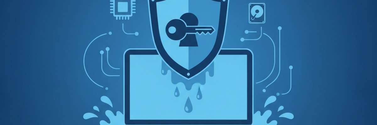 Illustration of a laptop with water drops, a shield and a chip, representing protecting data after MacBook liquid damage
