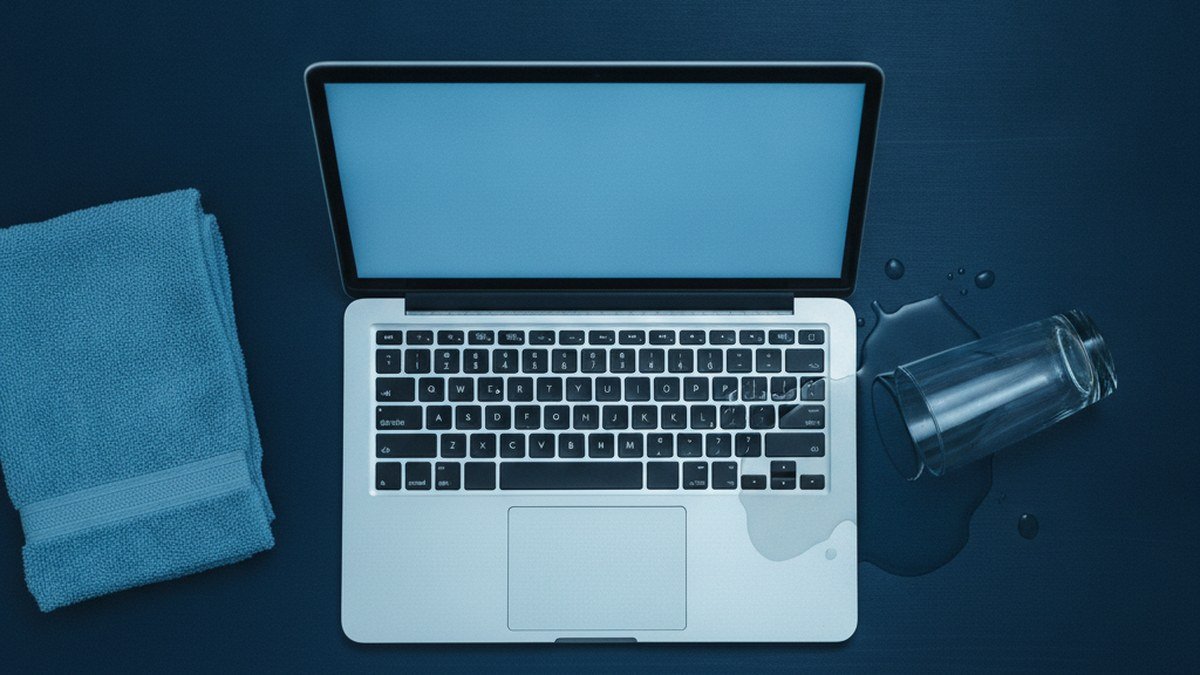 Silver MacBook-style laptop on a desk with a tipped glass of water spilled beside the keyboard, illustrating spilled water on a MacBook
