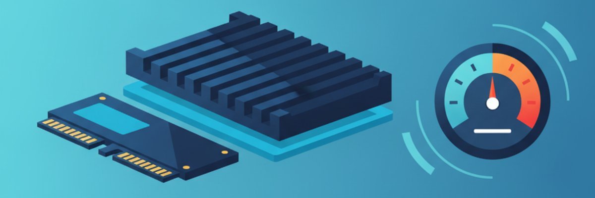 Illustration of an M.2 SSD, heatsink, thermal pad and a thermometer showing temperature