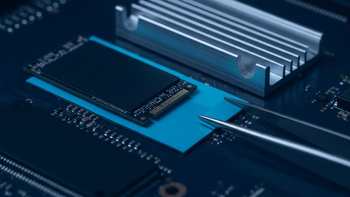 Gen4 NVMe M.2 SSD with a thermal pad and aluminum heatsink on a motherboard, illustrating SSD cooling and thermal pad installation