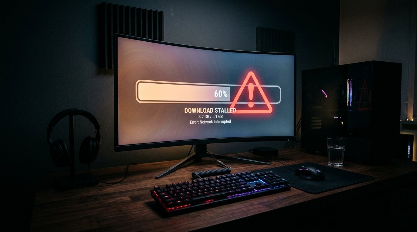 Gaming PC monitor showing a stalled download progress bar with a red warning symbol on a dark desk