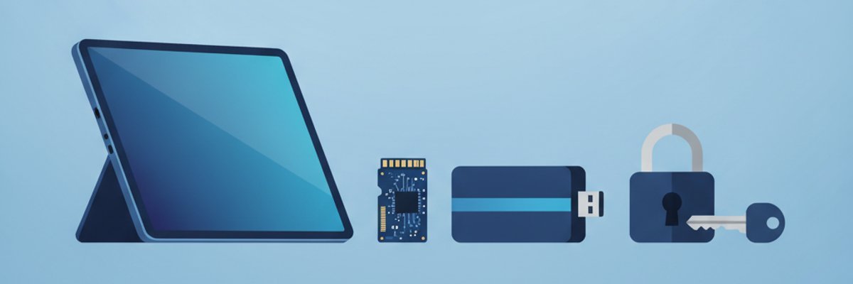Illustration of a tablet with kickstand, a small M.2 SSD, a USB enclosure and a padlock with key representing BitLocker data rescue