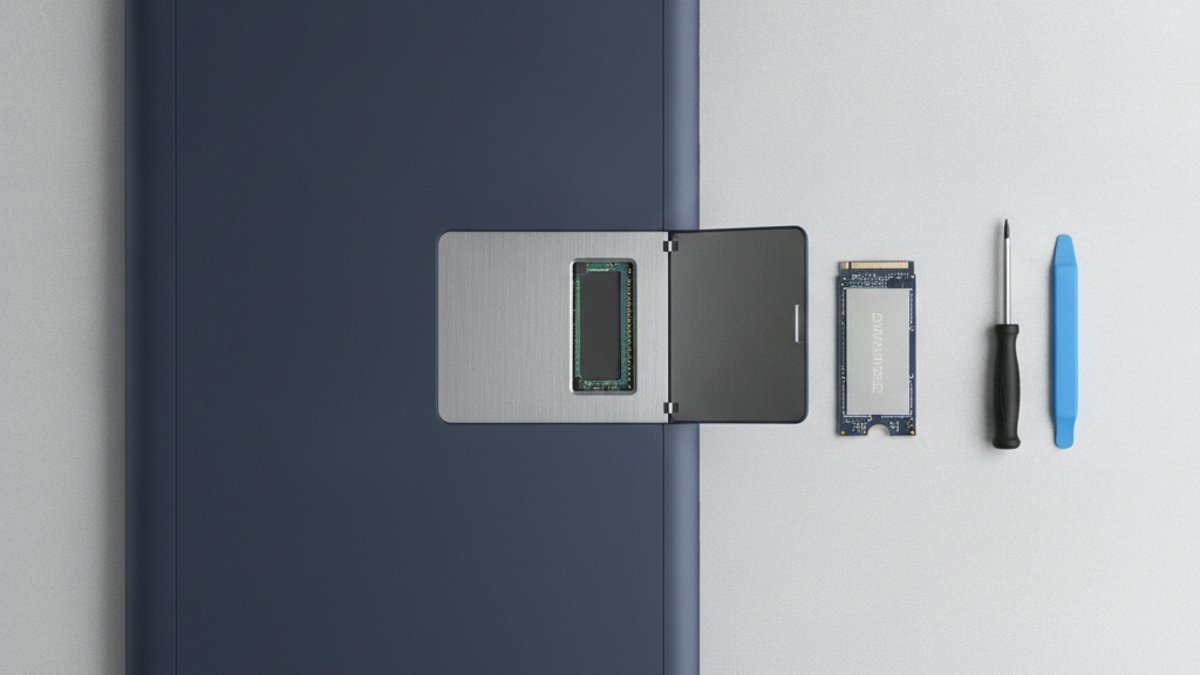 Tablet laptop lying face down with its SSD access door open next to a small M.2 SSD, screwdriver and plastic spudger, showing a removable Surface Pro SSD swap