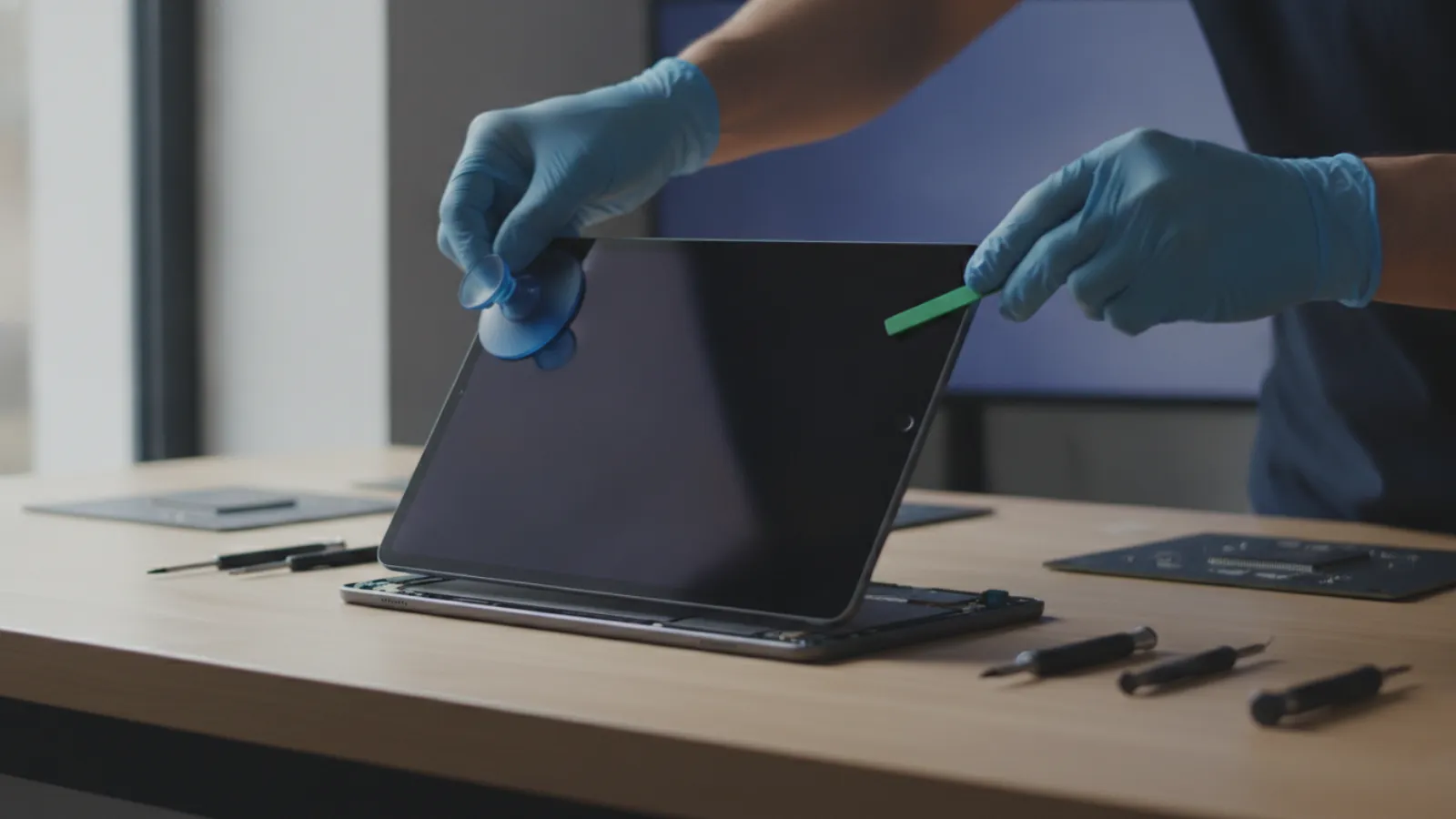 Gloved hands lifting a tablet display with a suction cup and a plastic pick on a bench