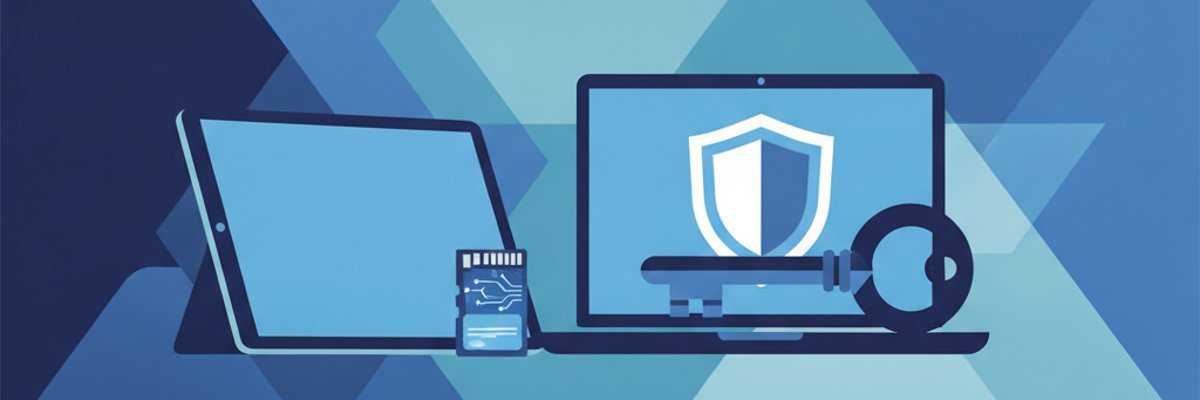 Illustration d'une tablette avec béquille, d'un petit SSD M.2, d'un portable avec bouclier et d'une clé représentant la protection BitLocker et la récupération de données