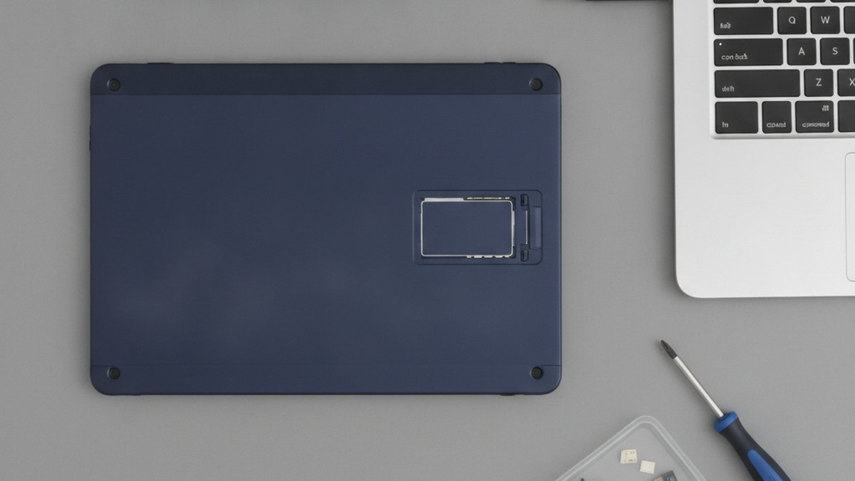 Tablette posée à l'envers avec la trappe du SSD ouverte, un petit disque SSD M.2 dans un boîtier USB relié à un portable et un tournevis, illustrant un SSD amovible de Surface Pro