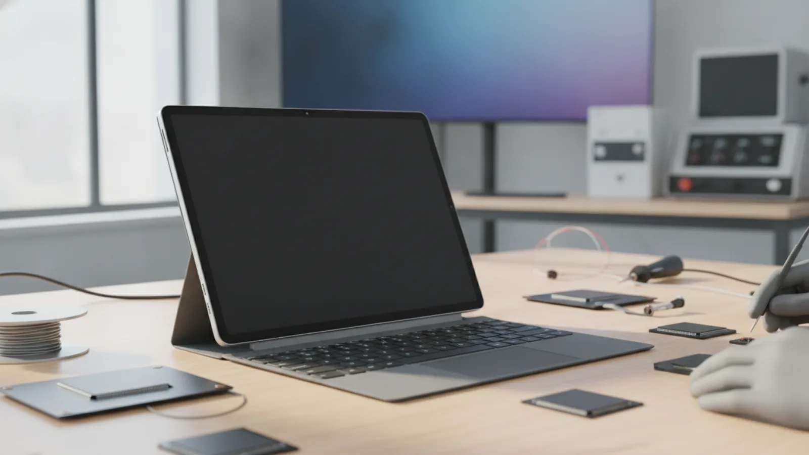 Two-in-one tablet laptop with detachable keyboard and a dark screen on a desk