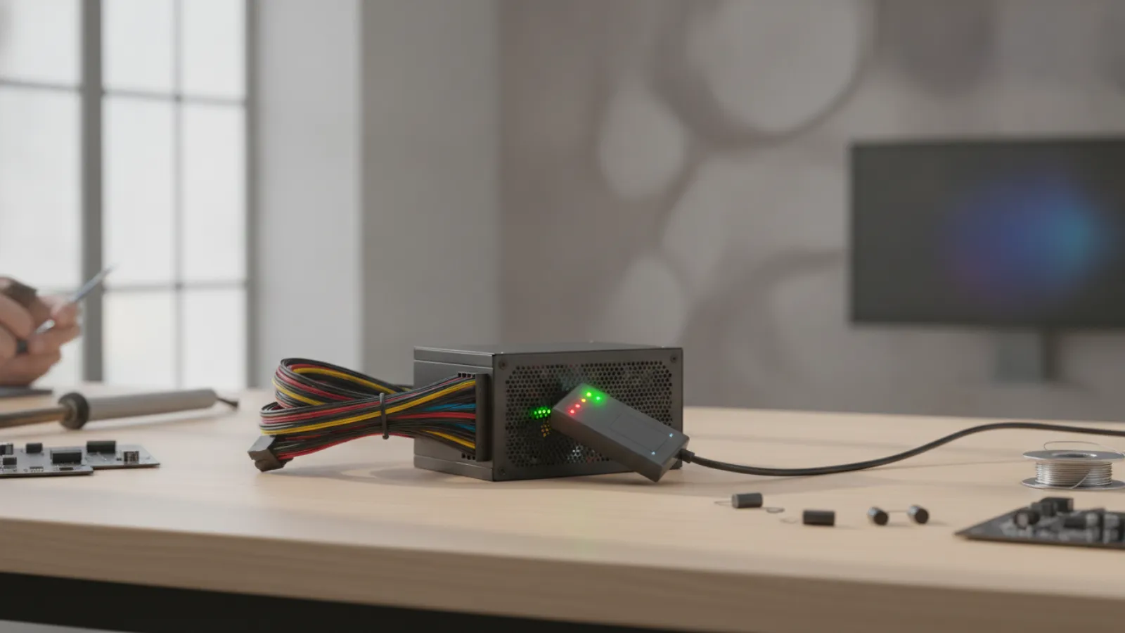 PC power supply unit with a cable bundle and a small tester with indicator lights on a bench