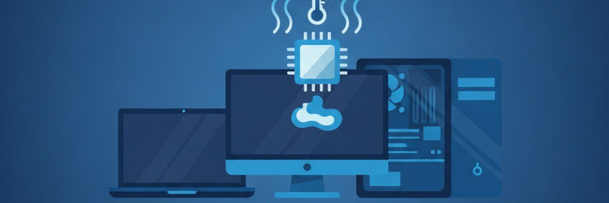 Illustration of a laptop, all-in-one computer and tower PC with a processor chip, heat waves and thermal paste symbolizing cooling