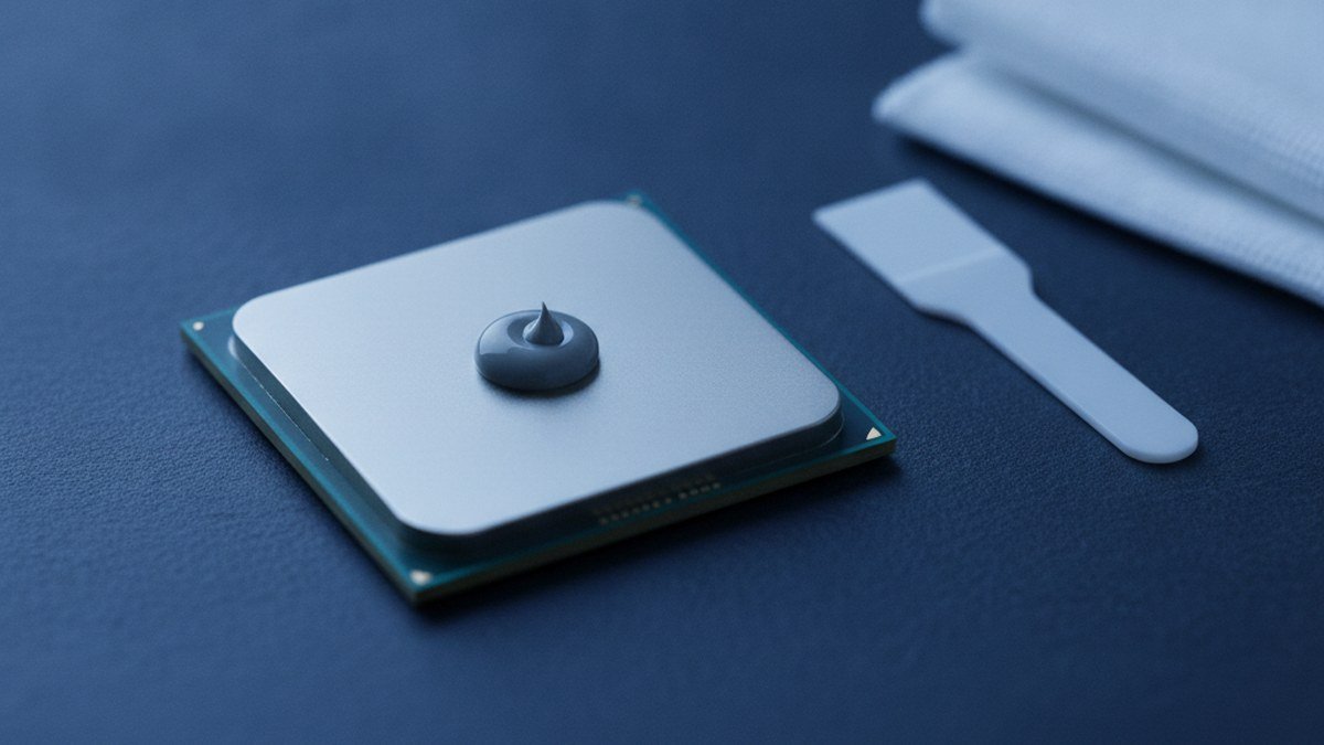 CPU processor chip with a dab of gray thermal paste, a plastic spreader and a cloth on a dark workbench for a thermal paste replacement