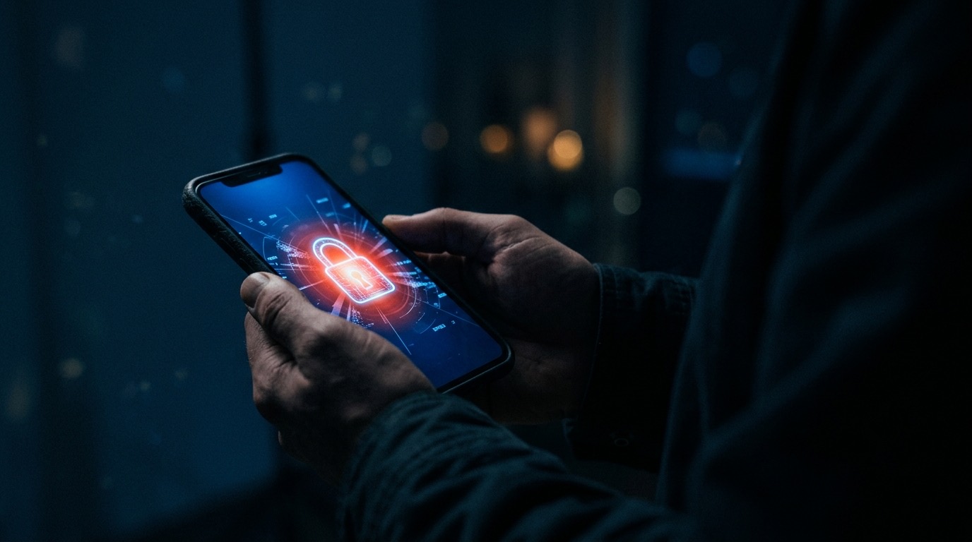 Smartphone glowing with an abstract security lock icon representing a hacked or banned TikTok account