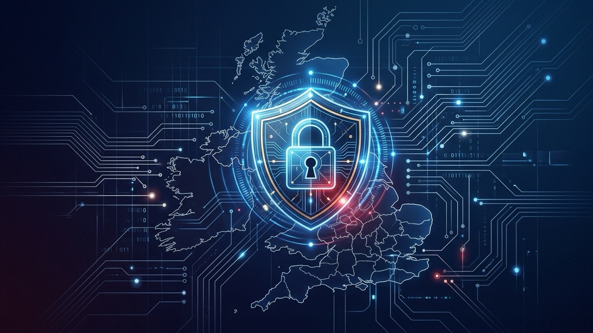 Digital shield and padlock over a stylized map of the British Isles, representing UK GDPR and Data Protection Act 2018 compliance for small business