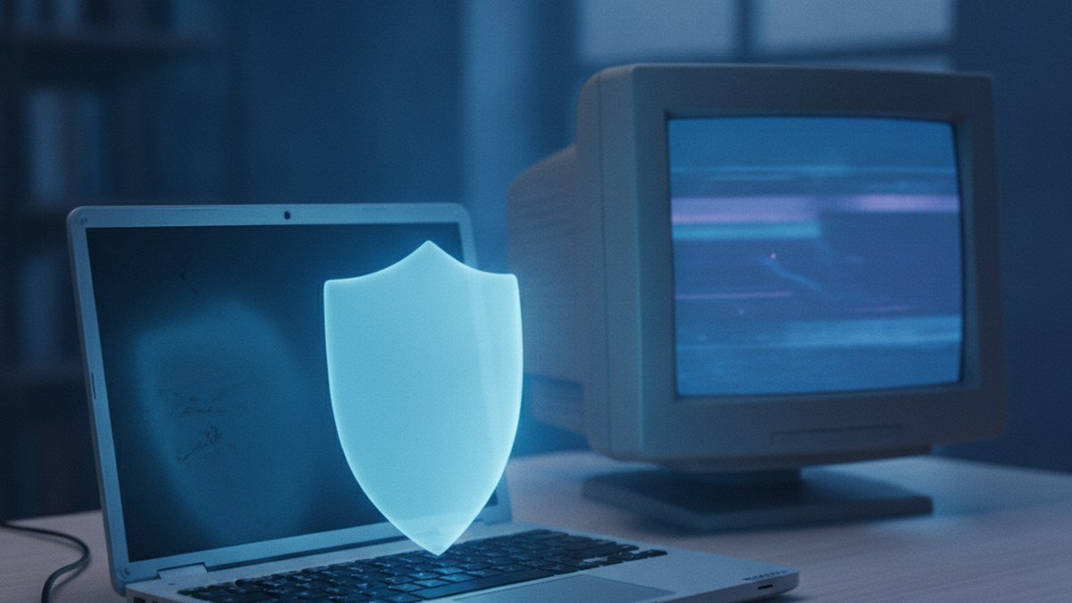 Aging silver laptop and old CRT monitor on a desk with a glowing blue shield and a padlock, illustrating an unsupported computer needing security options