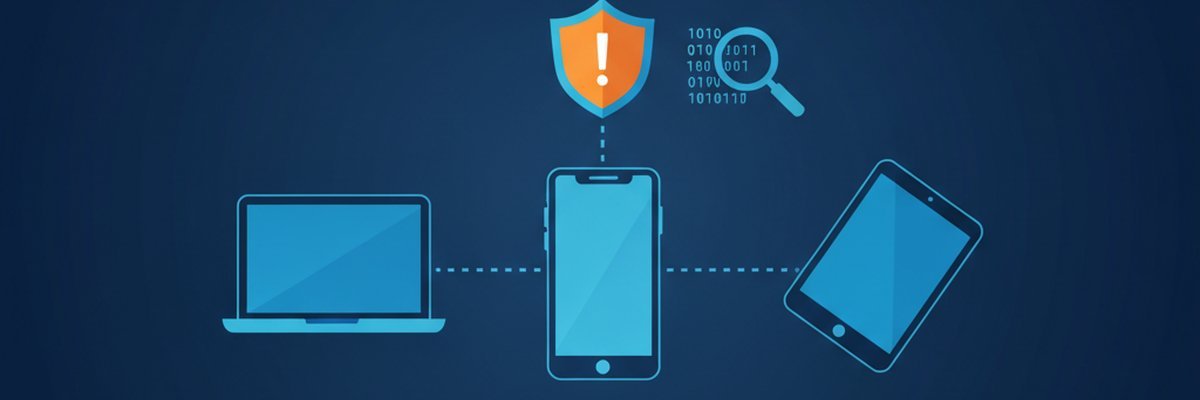 Illustration of a phone connected by a dotted line to unknown devices with a warning shield and magnifying glass