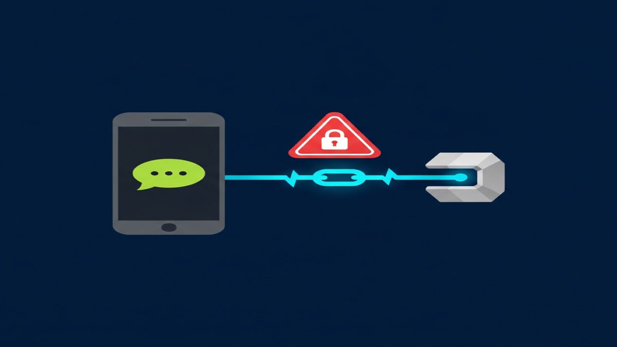 Smartphone with a padlock icon linked by a light beam to a second unknown laptop, illustrating a WhatsApp linked devices hijack