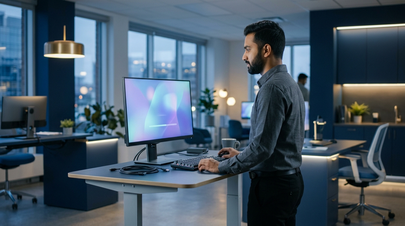 IT technician managing a Windows 11 migration on a business desktop in a modern navy-toned Canadian small business office