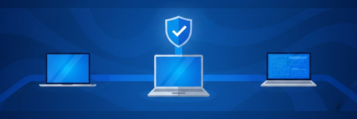 Illustration of an older computer protected by a security shield while a new computer waits as the next step