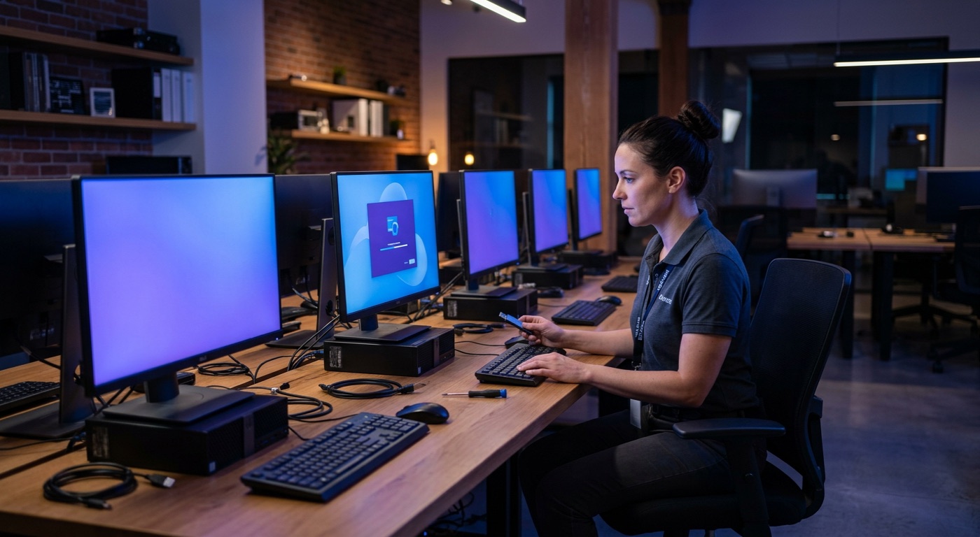 Technicien effectuant la migration d'un parc d'ordinateurs de PME de Windows 10 vers Windows 11 dans un bureau québécois