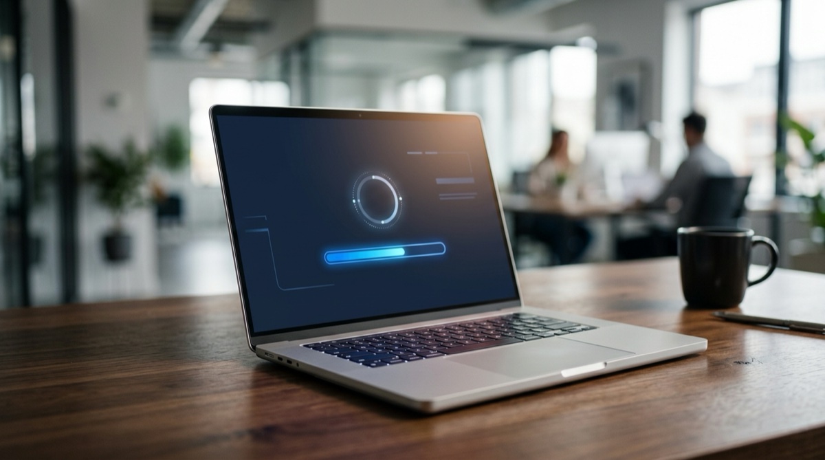 Laptop displaying an abstract update screen, illustrating the Windows 11 25H2 feature update