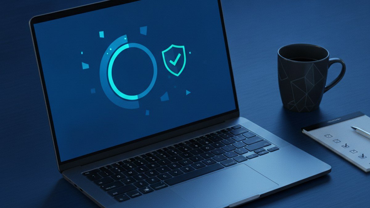 Ordinateur portable Windows 11 affichant une mise à jour en cours avec un bouclier de sécurité, à côté d'une checklist papier