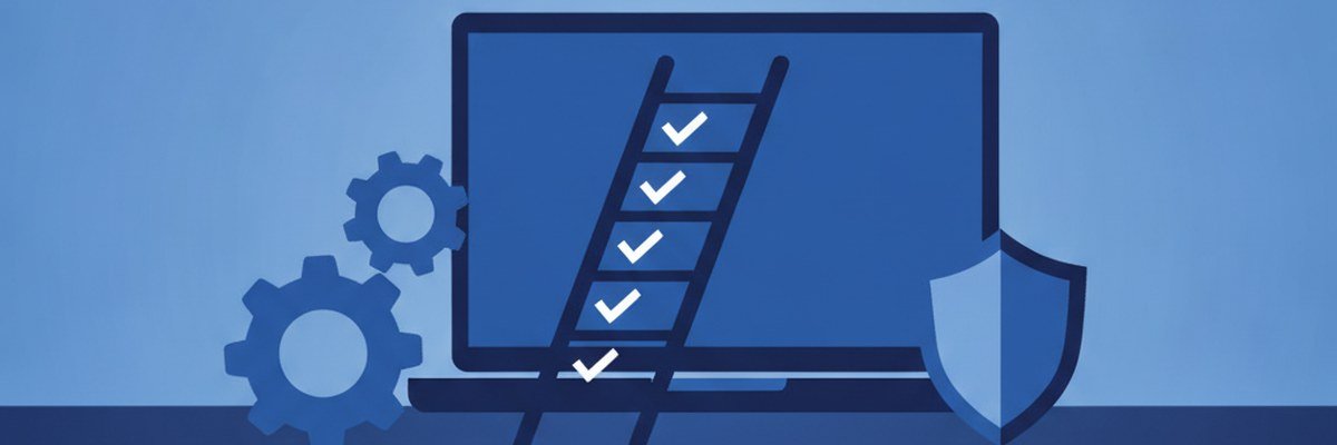 Illustration of a repair ladder next to a Windows 11 computer showing step by step troubleshooting