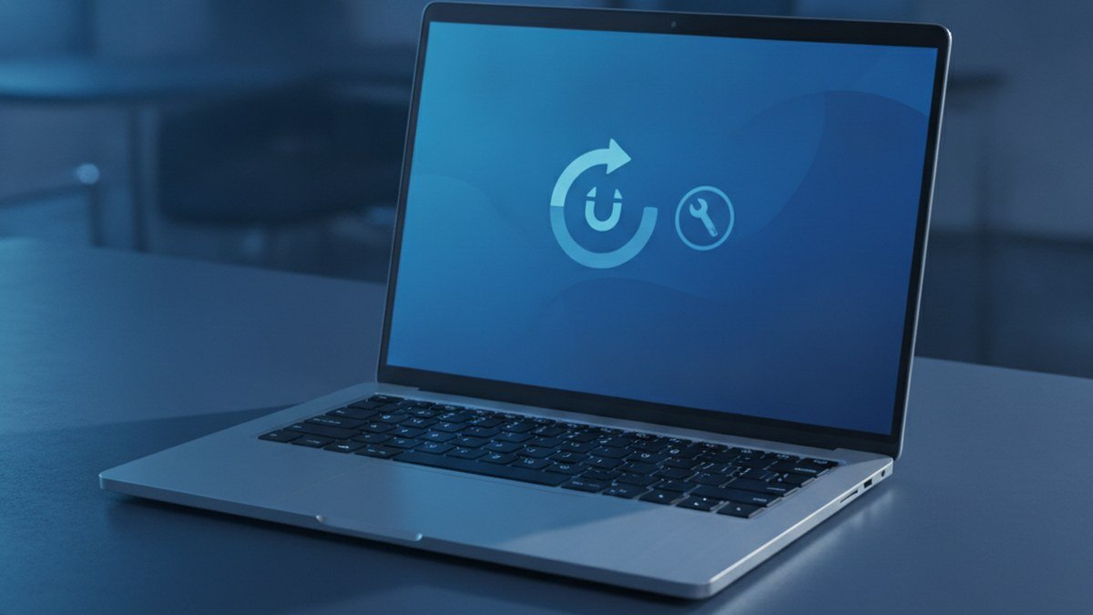 Windows 11 laptop with a wrench and update icon illustrating post-update troubleshooting for 26H2