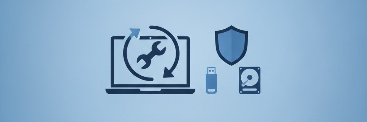 Illustration of a laptop with a looping arrow and wrench next to a shield, a USB drive and a hard disk