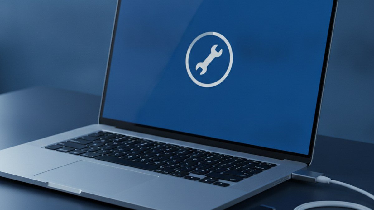Windows 11 laptop stuck on a blue recovery screen with a repair wrench icon during an Automatic Repair loop