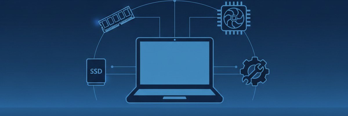 Illustration of a laptop connected to icons for memory, storage drive, processor and drivers, representing blue screen triage