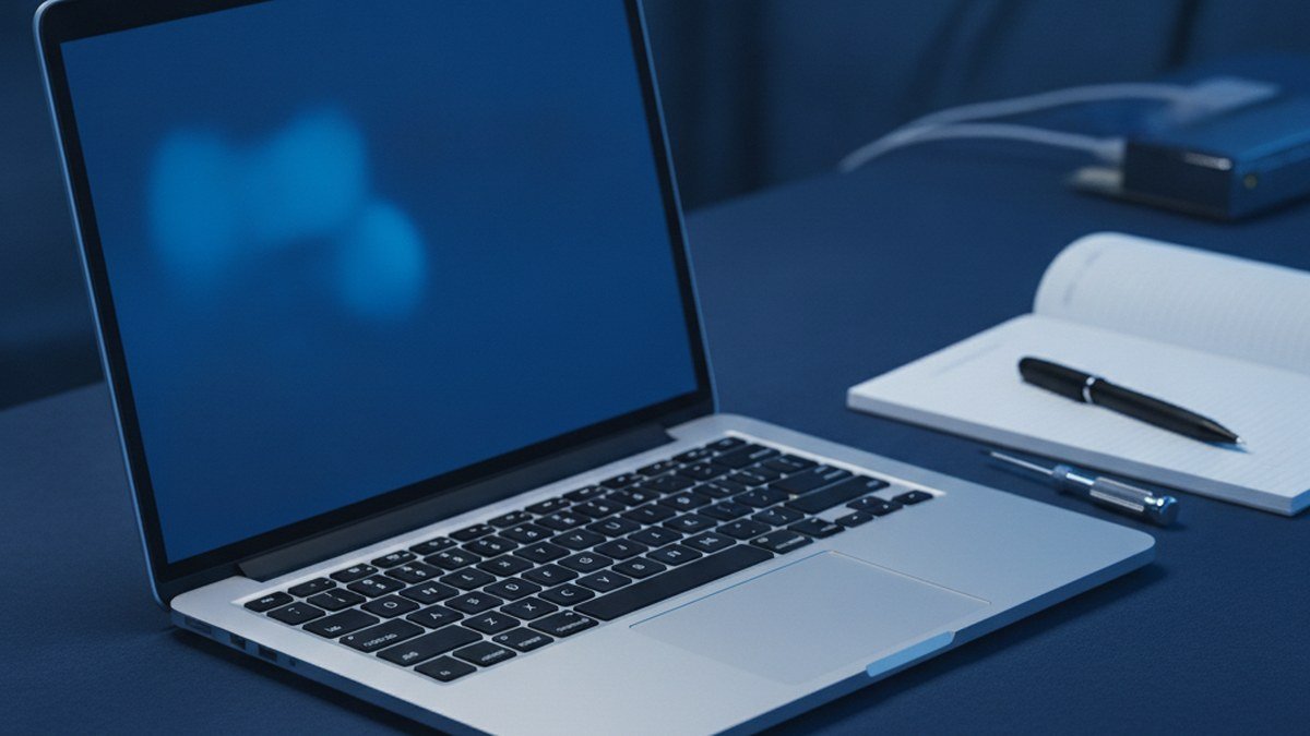 Windows 11 laptop on a dark desk with a blue crash screen and a notebook for writing down a stop code