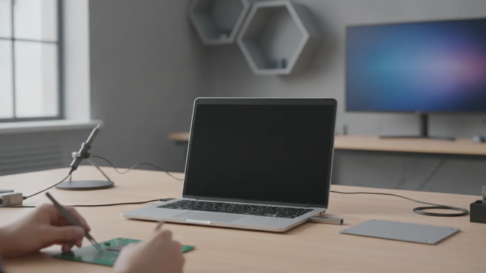 Silver laptop with a blank screen and a USB flash drive plugged in on a tidy desk