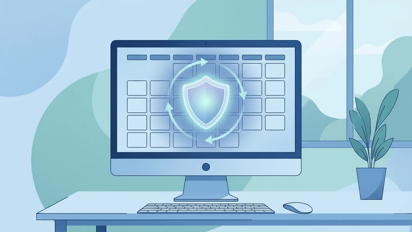 Calm blue illustration of a computer receiving a security update shield without a restart symbol
