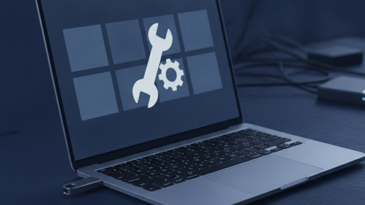 Windows 11 laptop booting into safe mode with a dark desktop and a small wrench icon on screen