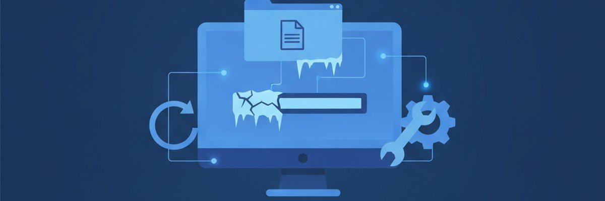 Illustration of a computer screen with a frozen taskbar and folder window being repaired with a refresh arrow and wrench