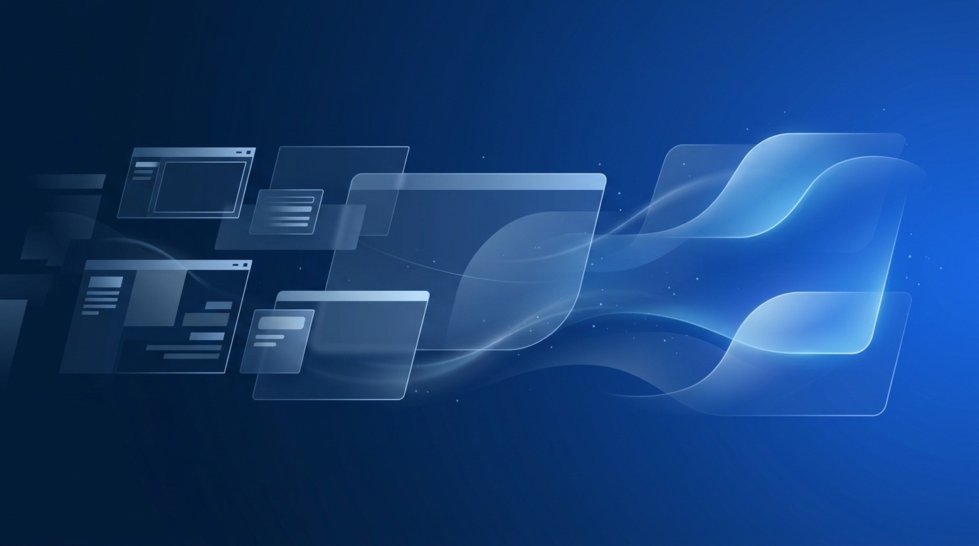 Abstract navy-toned visualization of an evolving operating system interface, representing rumors and speculation around a possible next major Windows release