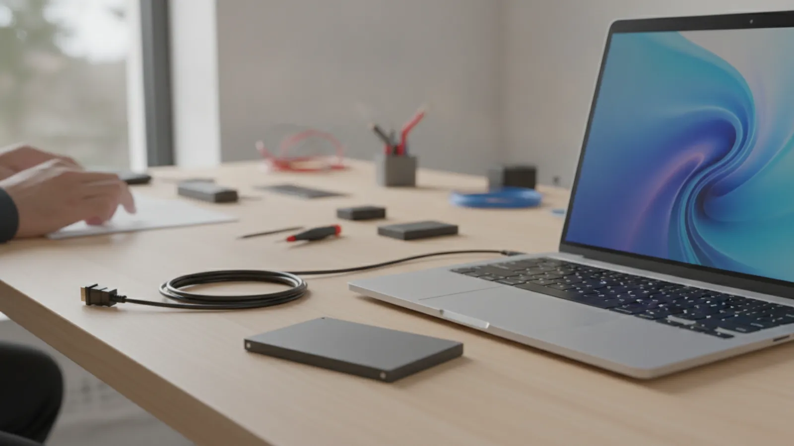 SSD drive and SATA cable on a desk beside a laptop, ready for disk installation