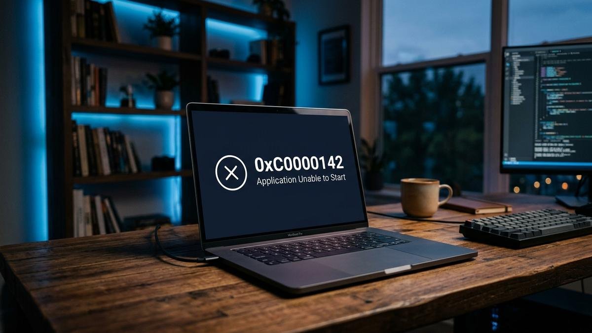 Laptop screen showing Windows error code 0xC0000142 application unable to start message, on a desk at dusk