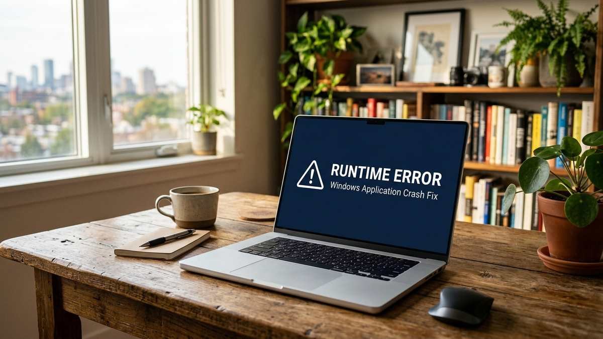 Laptop screen displaying a Windows Runtime Error warning message with a triangle alert icon, on a home office desk