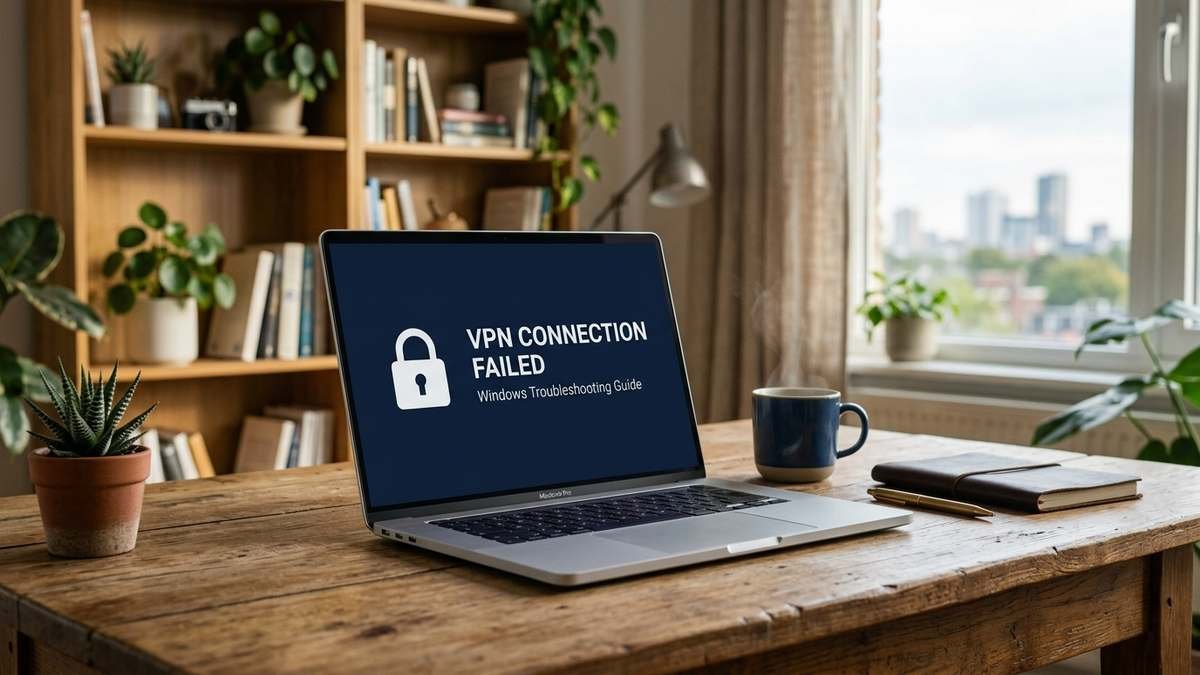 Laptop screen displaying a VPN connection failed error message with a padlock icon, home office desk