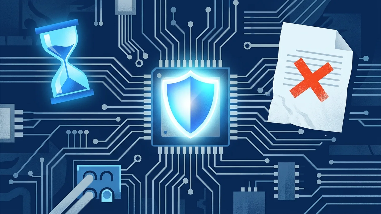 Illustration of a laptop motherboard with an expiring digital certificate and a shield
