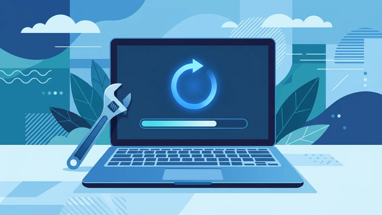 Flat illustration of a laptop with a network cable, shield and gear icons around a circular update arrow