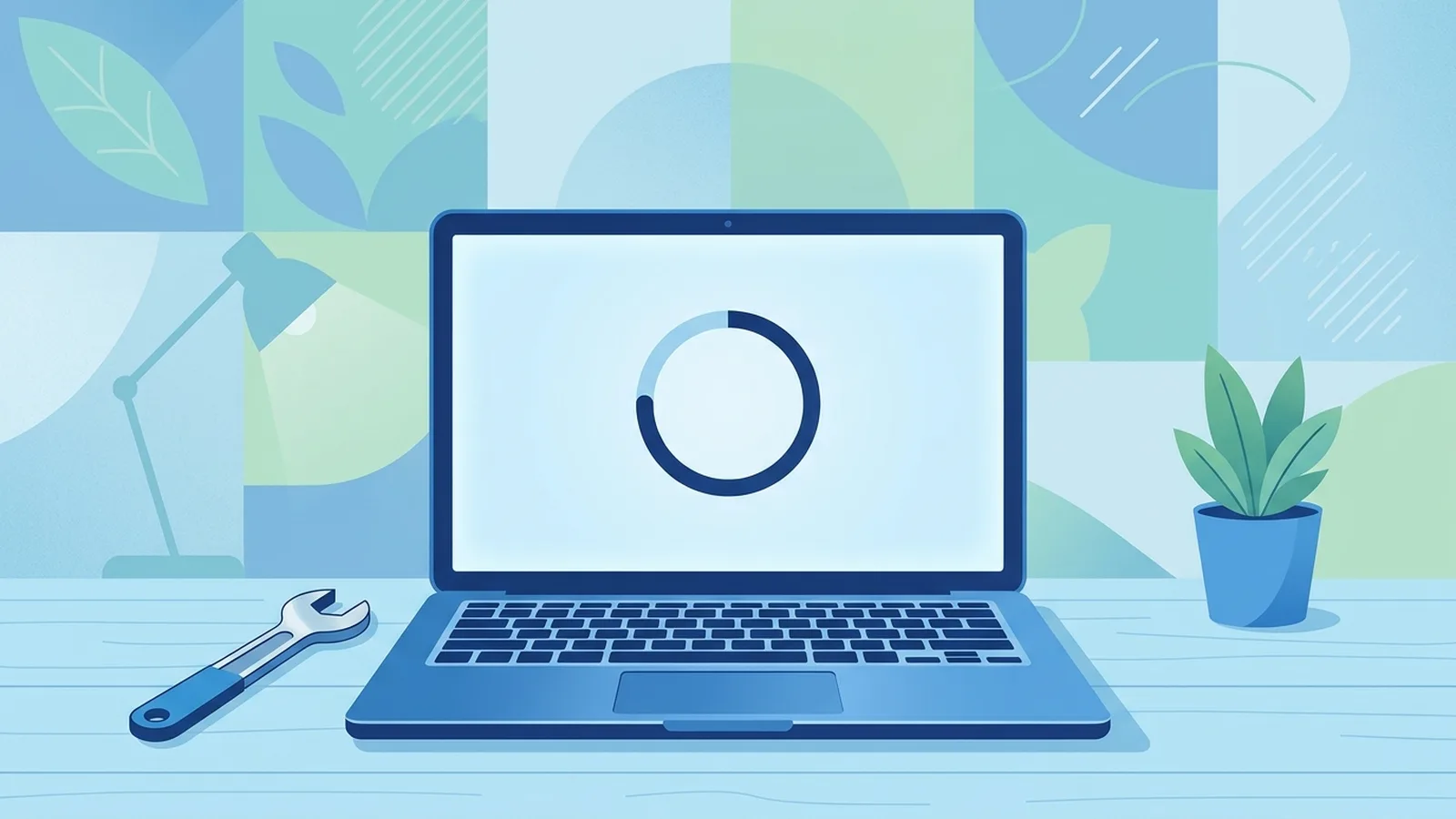 Illustration of a laptop with a repair wrench and a progress bar over a blue background