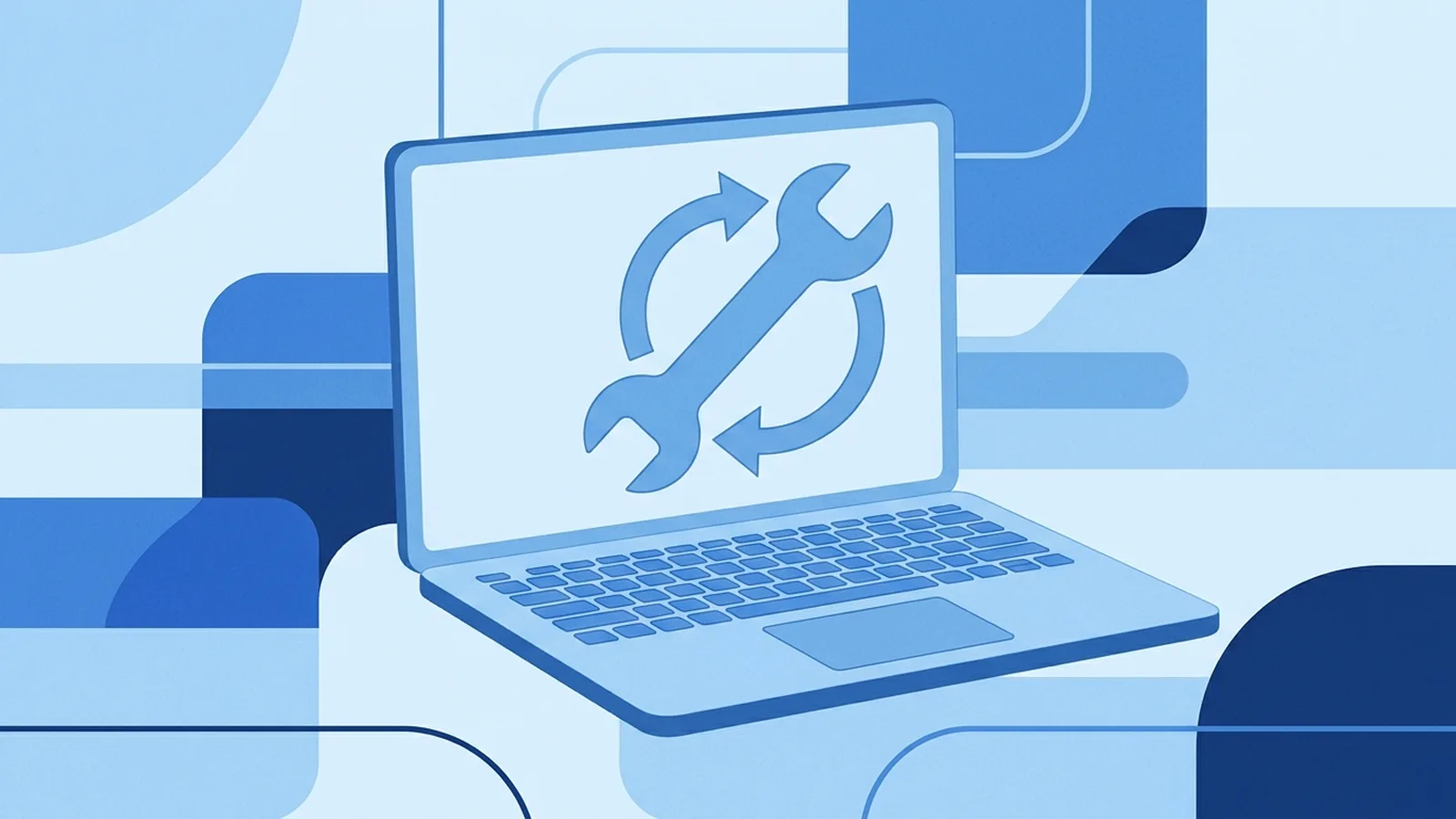 Calm blue illustration of a storage warehouse and a toolkit beside a laptop with an update arrow