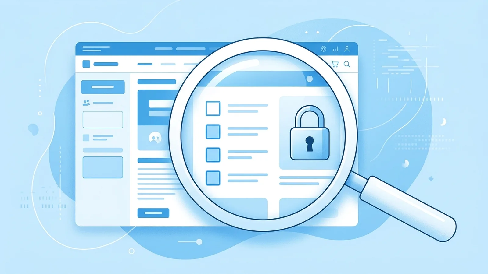 Illustration of a WordPress site being inspected with a magnifying glass and a checklist beside a padlock