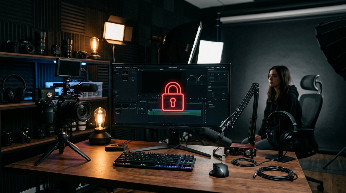 Video creator at a desk with a channel dashboard dimmed behind a red padlock, representing a hacked or terminated YouTube channel