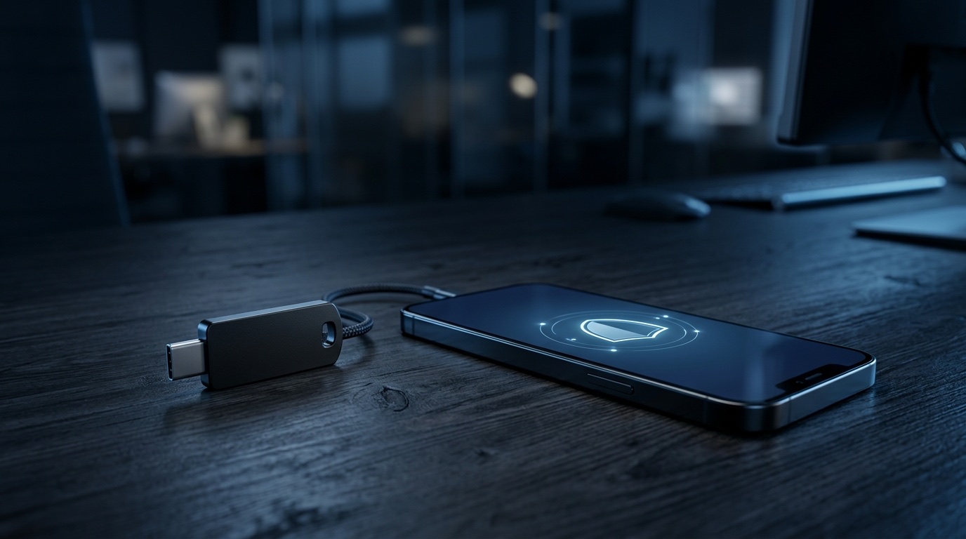 A small USB hardware security key resting next to a smartphone displaying a generic authenticator app icon