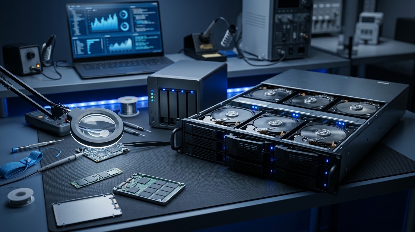 RAID array, SSD, and NAS devices on a professional data recovery workbench