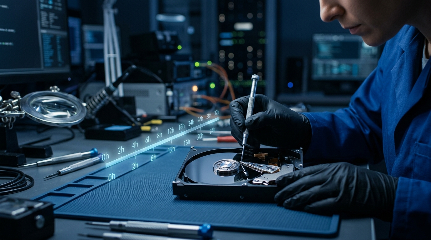 Data recovery technician working against the clock on an open hard drive, illustrating turnaround time