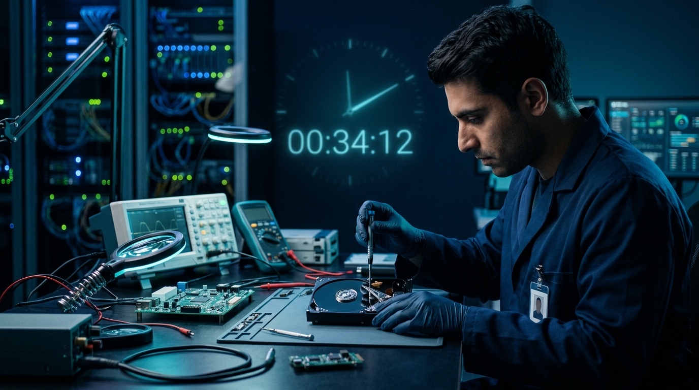 Technicien IT Cares travaillant sur un disque dur en urgence à Montréal, avec un chronomètre numérique symbolisant le délai de récupération de données